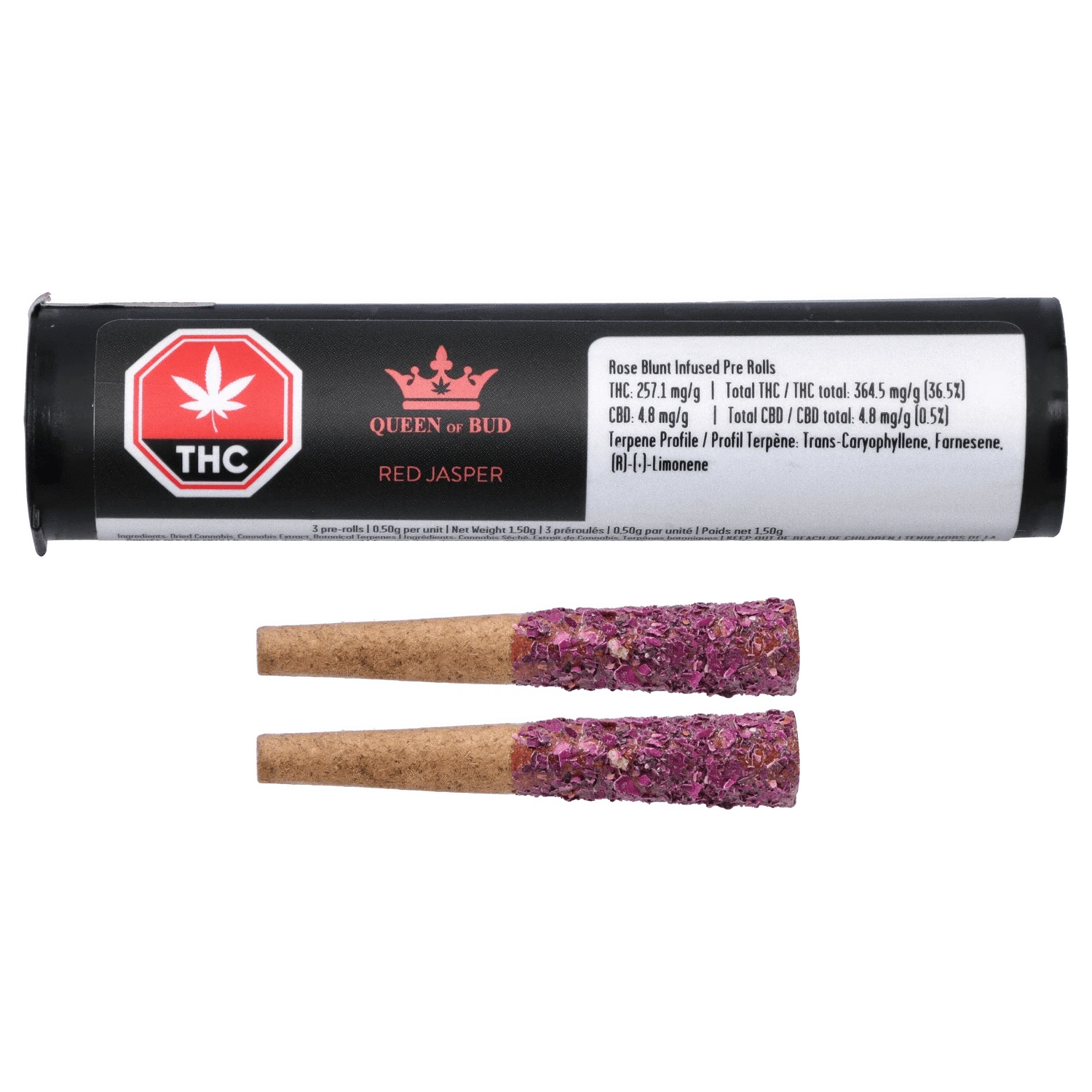 Front view of the Red Jasper Infused Pre Rolled 2 x 1 g pre-rolls, displaying the brand’s logo against a stark black background.