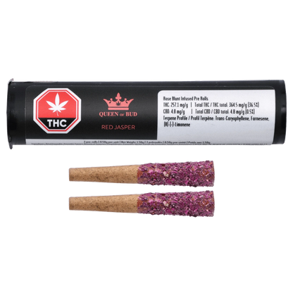 Front view of the Red Jasper Infused Pre Rolled 2 x 1 g pre-rolls, displaying the brand’s logo against a stark black background.