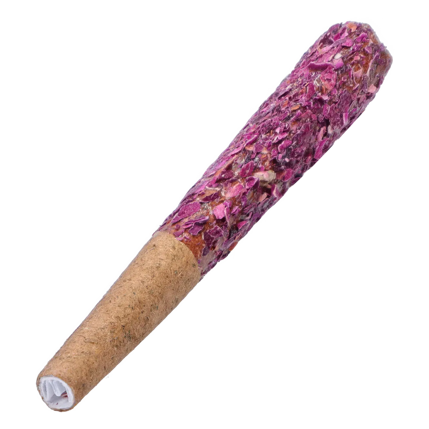 Diagonal close-up of a rose-petal coated blunt showing texture and tip, labeled Red Jasper Diamond Infused Rose Petal Blunts 2 x 1 g