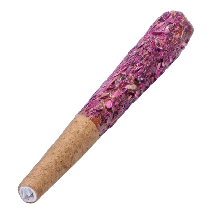 Diagonal close-up of a rose-petal coated blunt showing texture and tip, labeled Red Jasper Diamond Infused Rose Petal Blunts 2 x 1 g