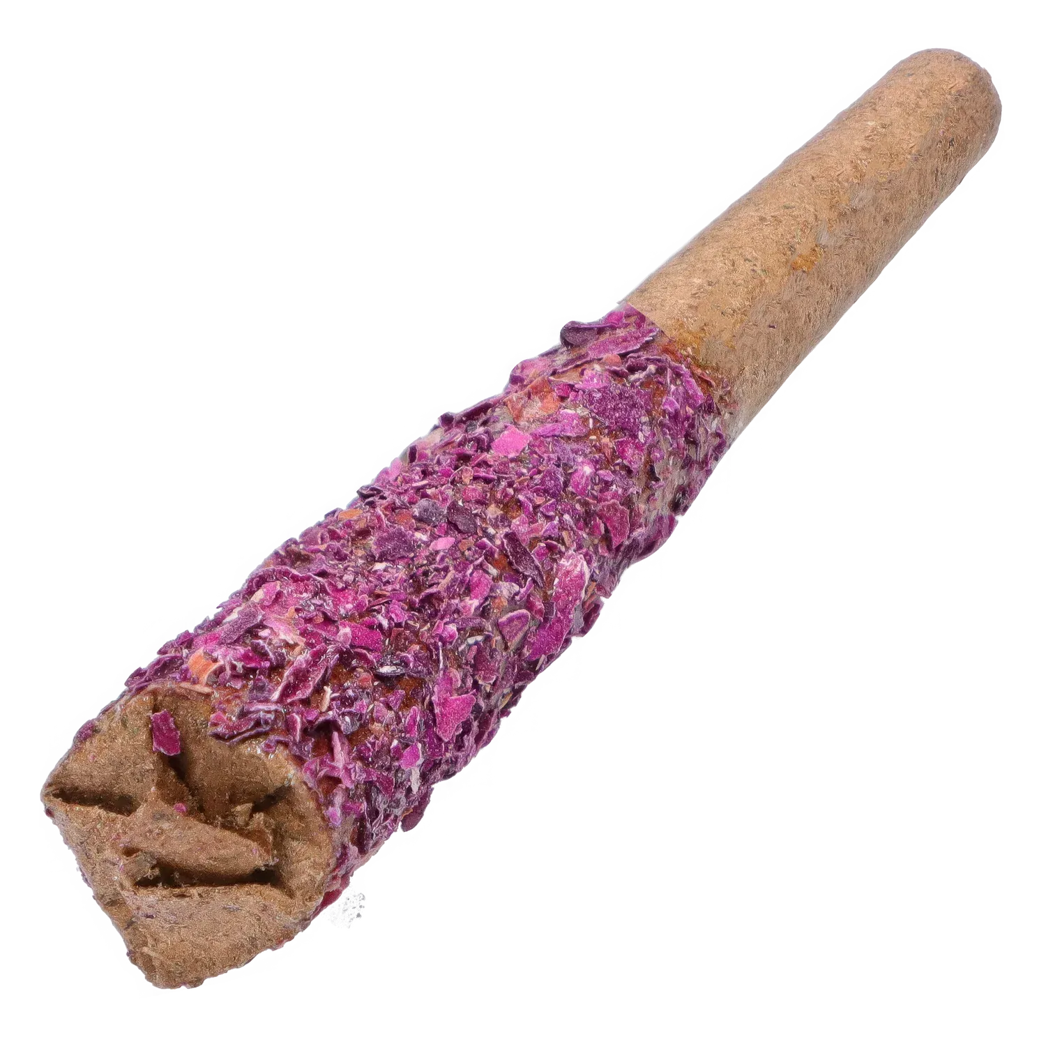 Close-up angled view of the Red Jasper Diamond Infused Rose Petal Blunts 2 x 1 g showing a brown blunt tip densely coated in bright pink rose petals.
