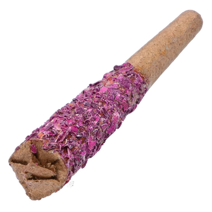 Close-up angled view of the Red Jasper Diamond Infused Rose Petal Blunts 2 x 1 g showing a brown blunt tip densely coated in bright pink rose petals.
