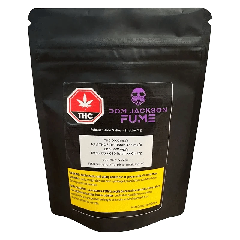 Close-up of MAX Exhaust Haze Shatter packaging with branding and product details on a black background.