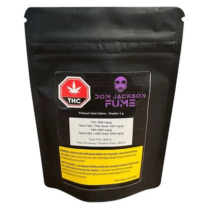 Close-up of MAX Exhaust Haze Shatter packaging with branding and product details on a black background.