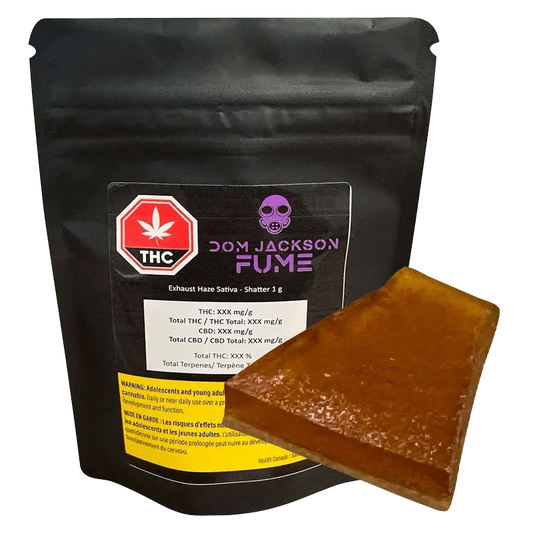 Close-up of the MAX Exhaust Haze Shatter packaging, displaying its label and branding against a black background.