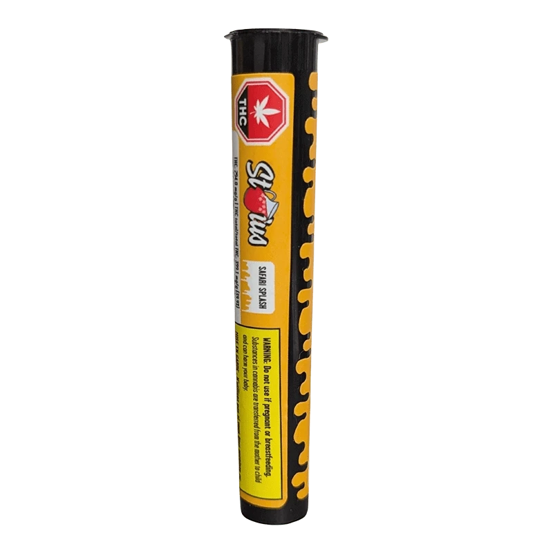 Vertical studio shot of the Safari Splash Kief Coated Infused Blunt 1 x 1 g tube with yellow drip graphics and a red THC octagon near the top