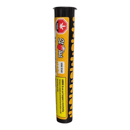 Vertical studio shot of the Safari Splash Kief Coated Infused Blunt 1 x 1 g tube with yellow drip graphics and a red THC octagon near the top