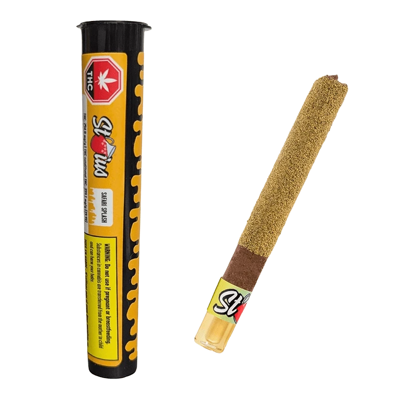 Angled close-up of a kief-coated blunt next to its yellow-and-black tube packaging, labeled "Safari Splash Kief Coated Infused Blunt 1 x 1 g".