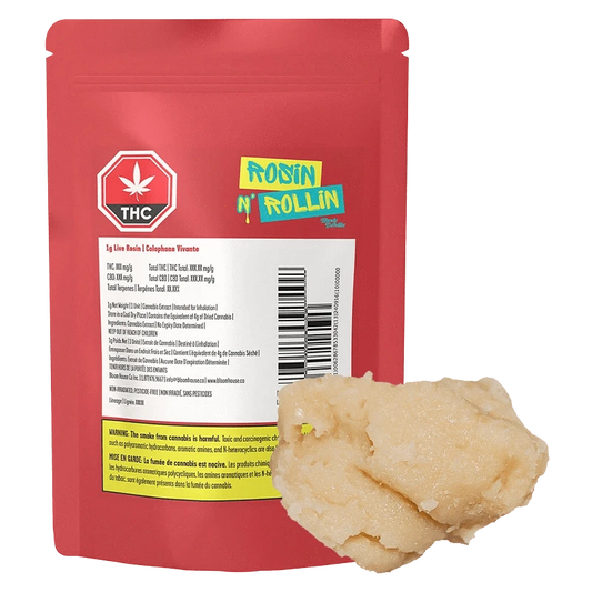 Front view of the Rosin N' Rollin packaging, displaying its label with text about THC and size.