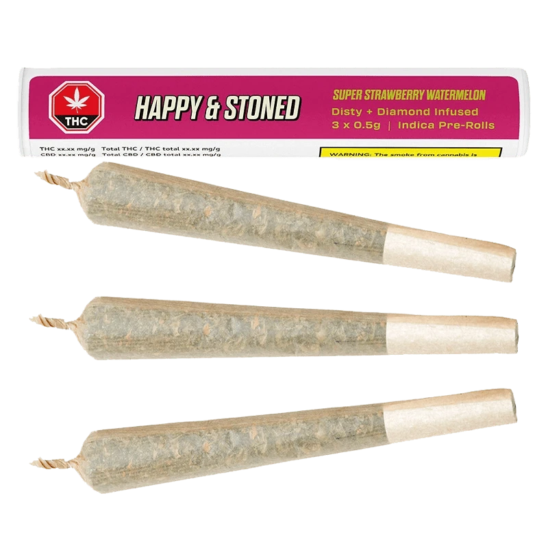 A close-up shot of the Super Strawberry Watermelon Disty+Diamond Infused Pre Rolled 3 x 0.5 g, showcasing its vibrant label against a dark background.
