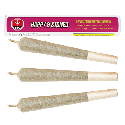 A close-up shot of the Super Strawberry Watermelon Disty+Diamond Infused Pre Rolled 3 x 0.5 g, showcasing its vibrant label against a dark background.