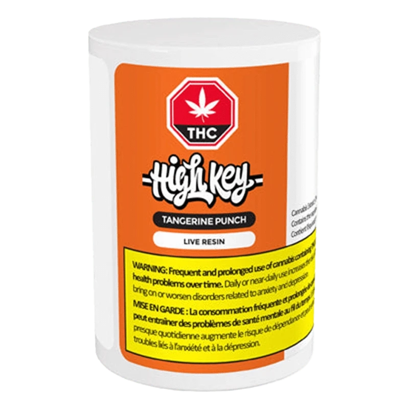 A close-up of the Tangerine Punch Live Resin packaging with a vibrant orange and black color scheme.