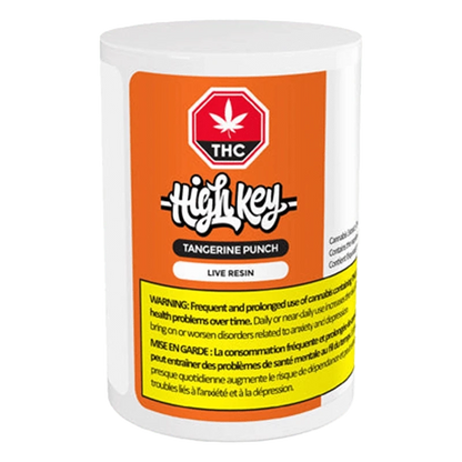 A close-up of the Tangerine Punch Live Resin packaging with a vibrant orange and black color scheme.