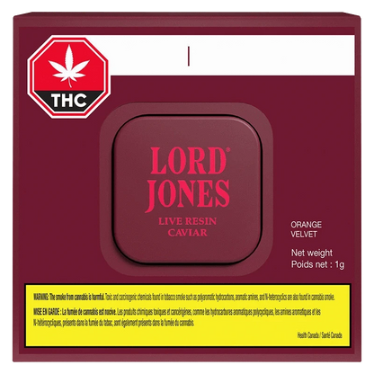 Front view of the Orange Velvet Live Resin Caviar packaging, displaying branding and text on a dark background.