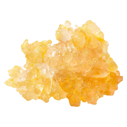 Close-up view of Orange Velvet Live Resin Caviar, displaying small, amber-colored beads against a plain white background.