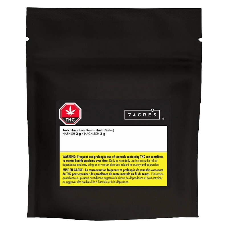 A close-up of the Jack Haze Live Resin Hash packaging on a dark background with a warning label.
