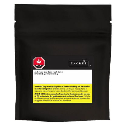 A close-up of the Jack Haze Live Resin Hash packaging on a dark background with a warning label.