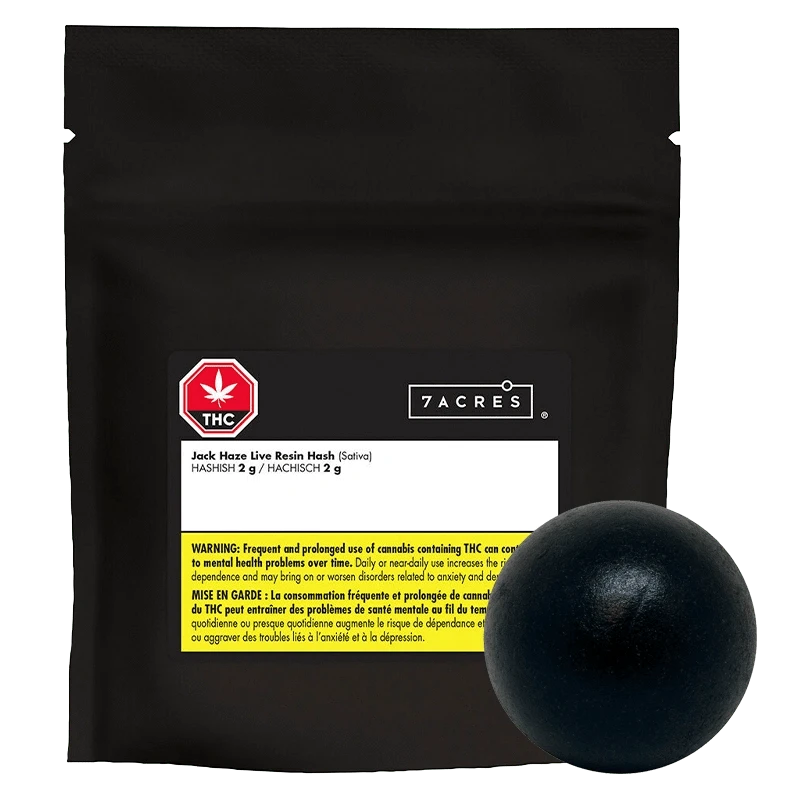 Front view of the Jack Haze Live Resin Hash packaging against a dark background with branding details visible.