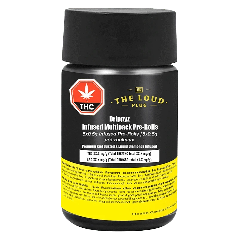 Close-up of the Drippyz Multipack Infused Pre Rolled 5 x 0.5 g packaging against a dark background, displaying branding and text details.