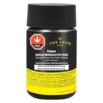 Close-up of the Drippyz Multipack Infused Pre Rolled 5 x 0.5 g packaging against a dark background, displaying branding and text details.