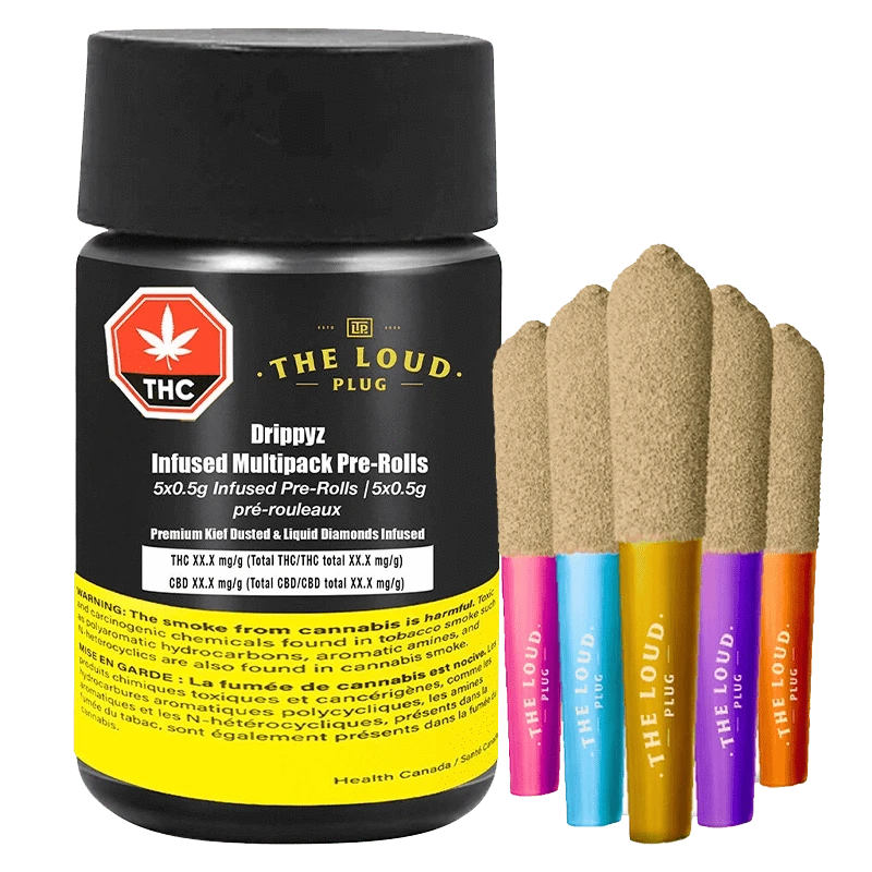 A close-up of the Drippyz Multipack Infused Pre Rolled 5 x 0.5 g, showing colorful pre-rolls against a black background with product information.