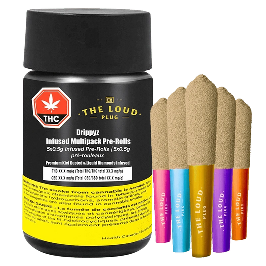 A close-up of the Drippyz Multipack Infused Pre Rolled 5 x 0.5 g, showing colorful pre-rolls against a black background with product information.