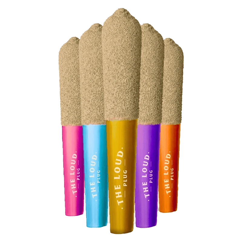 A close-up shot of the Drippyz Multipack Infused Pre Rolled 5 x 0.5 g, showing five colorful, cylindrical cartridges against a neutral background.