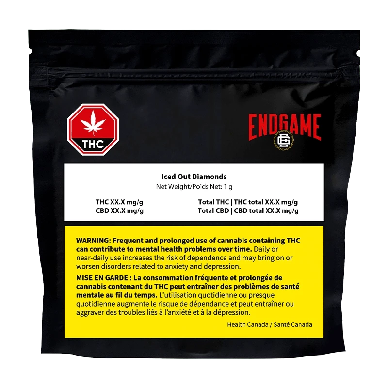 Iced Out Diamonds displays a black bag with white text and a THC leaf logo, seen from a slightly angled front view.