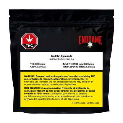 Iced Out Diamonds displays a black bag with white text and a THC leaf logo, seen from a slightly angled front view.