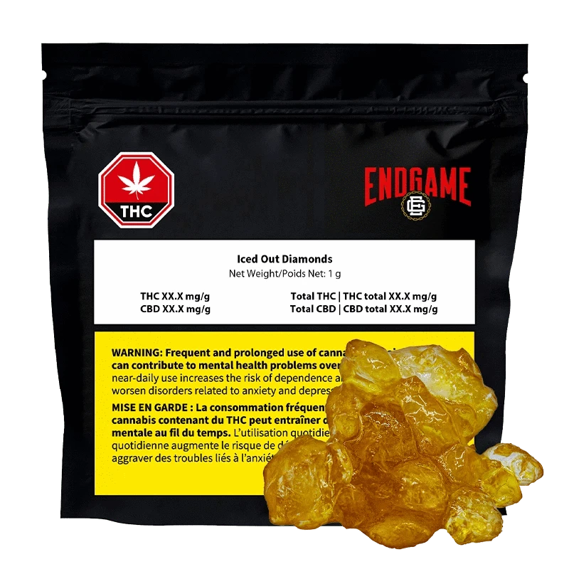 Close-up of Iced Out Diamonds packaging with bold lettering and a THC symbol against a dark background.