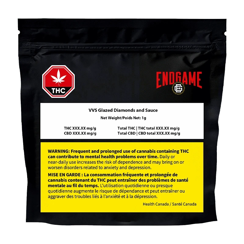 VVS Glazed Diamonds and Sauce packaging displays a warning on a black background with text in white and gold.