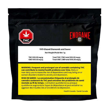 VVS Glazed Diamonds and Sauce packaging displays a warning on a black background with text in white and gold.