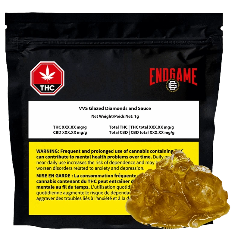 Front view of the VVS Glazed Diamonds and Sauce packaging with a THC warning label and black and gold branding.