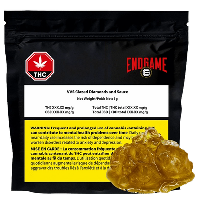 Front view of the VVS Glazed Diamonds and Sauce packaging with a THC warning label and black and gold branding.