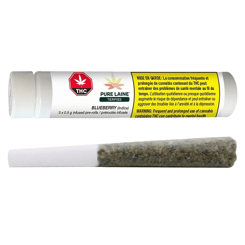 A close-up of the Terpies Blueberry Infused Pre Rolled 3 x 0.5 g packaging with a warning message in French against a dark background.