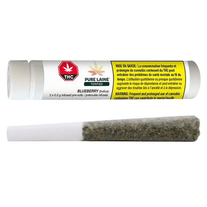 A close-up of the Terpies Blueberry Infused Pre Rolled 3 x 0.5 g packaging with a warning message in French against a dark background.