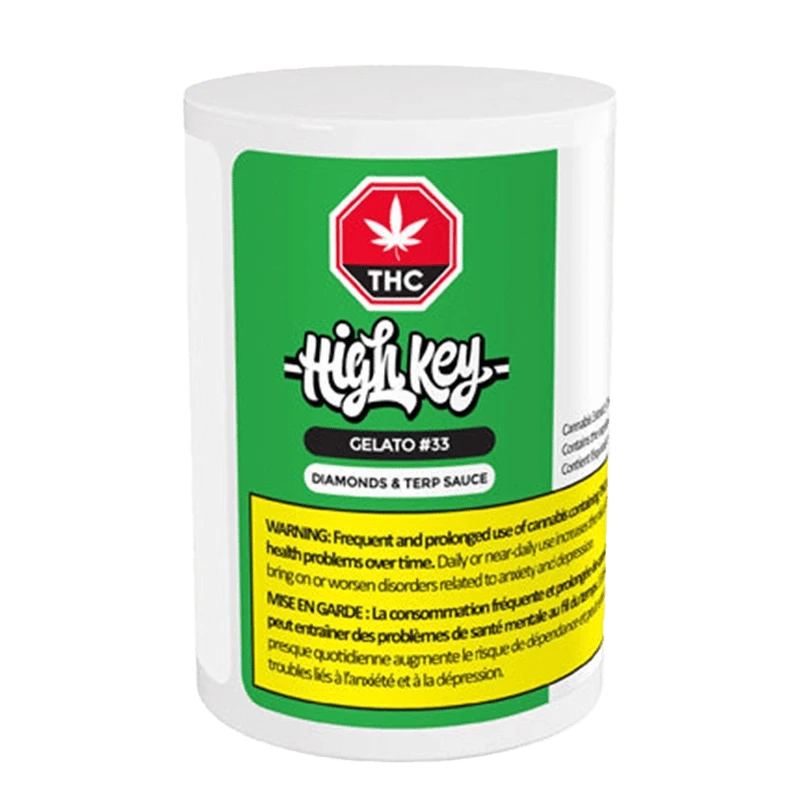 Close-up of the Gelato #33 Diamonds & Terp Sauce container against a dark background, showcasing its branding.