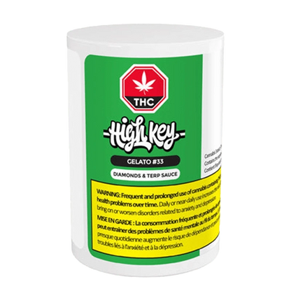 Close-up of the Gelato #33 Diamonds & Terp Sauce container against a dark background, showcasing its branding.