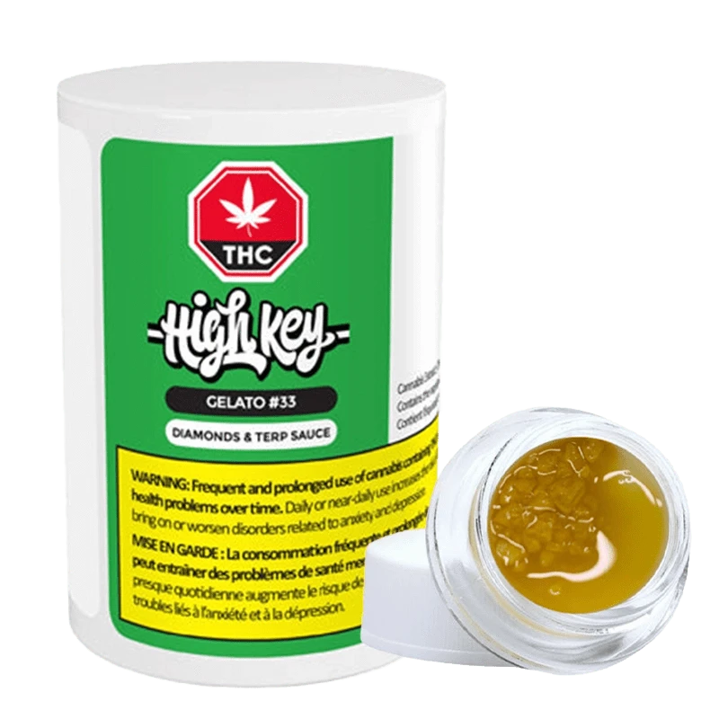 Close-up of the Gelato #33 Diamonds & Terp Sauce container with a reflective label against a dark background.