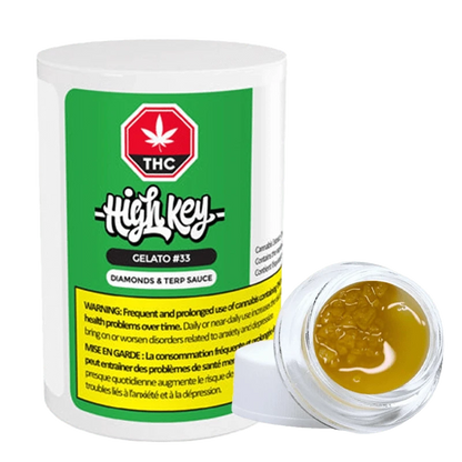 Close-up of the Gelato #33 Diamonds & Terp Sauce container with a reflective label against a dark background.