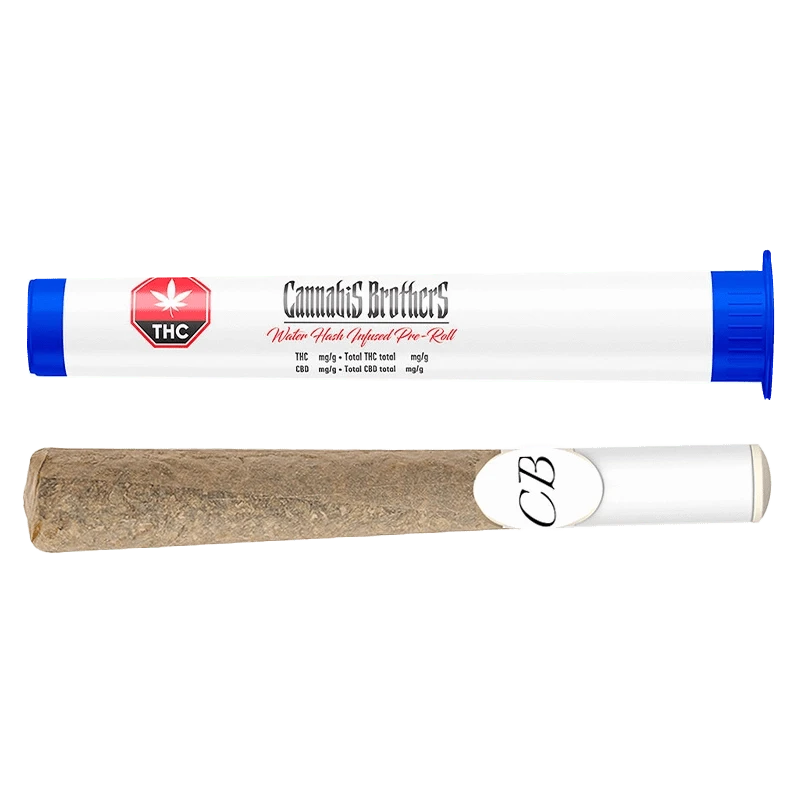 Close-up of the Water Hash Infused Whole Flower Pre Rolled 1 x 1 g, showing a pre-roll against a dark, neutral background.