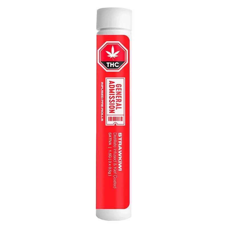 A close-up of the StrawKiwi Distillate Infused Pre Rolled 3 x 0.5 g packaging on a white background with green and gold labeling.