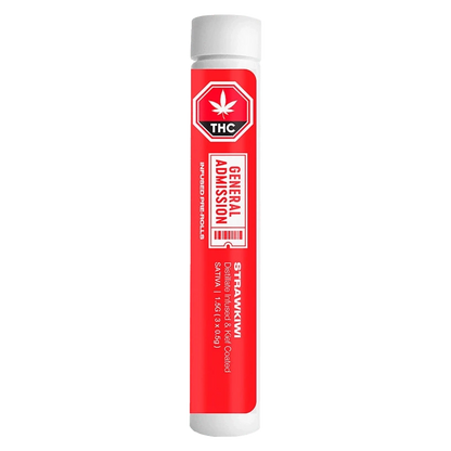 A close-up of the StrawKiwi Distillate Infused Pre Rolled 3 x 0.5 g packaging on a white background with green and gold labeling.