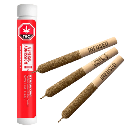 Close-up of the StrawKiwi Distillate Infused Pre Rolled 3 x 0.5 g pre-rolls with branding visible against a neutral background.