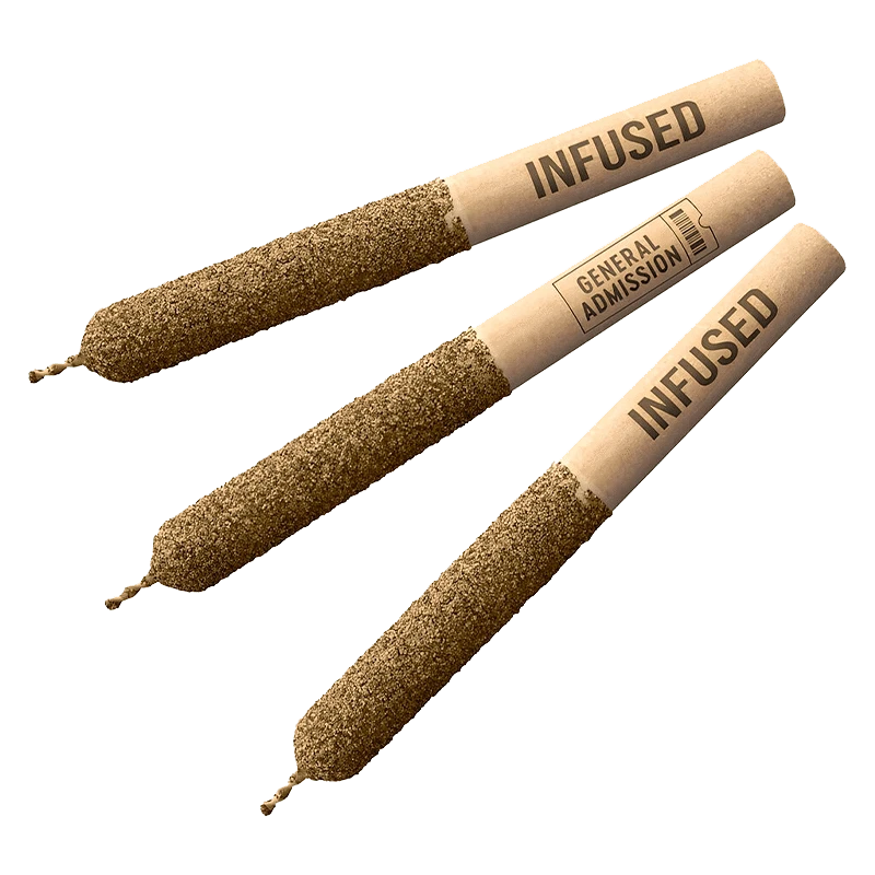 A close-up shows three StrawKiwi Distillate Infused Pre Rolled 0.5 g cartridges against a plain white backdrop.