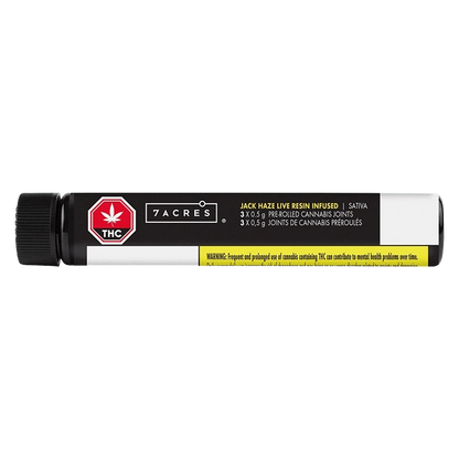 A close-up of the Jack Haze Lr Infused Pre Rolled 3 x 0.5 g pre-rolled joints, displaying a blue package with white text and a green THC symbol.