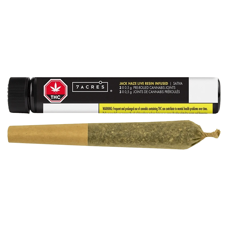 A close-up shot of the Jack Haze Lr Infused Pre Rolled 3 x 0.5 g pre-rolled joints, displayed against a black background with branding.