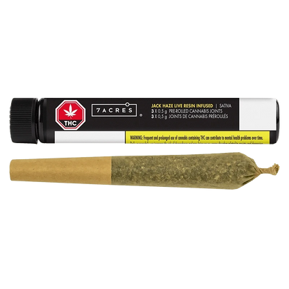 A close-up shot of the Jack Haze Lr Infused Pre Rolled 3 x 0.5 g pre-rolled joints, displayed against a black background with branding.