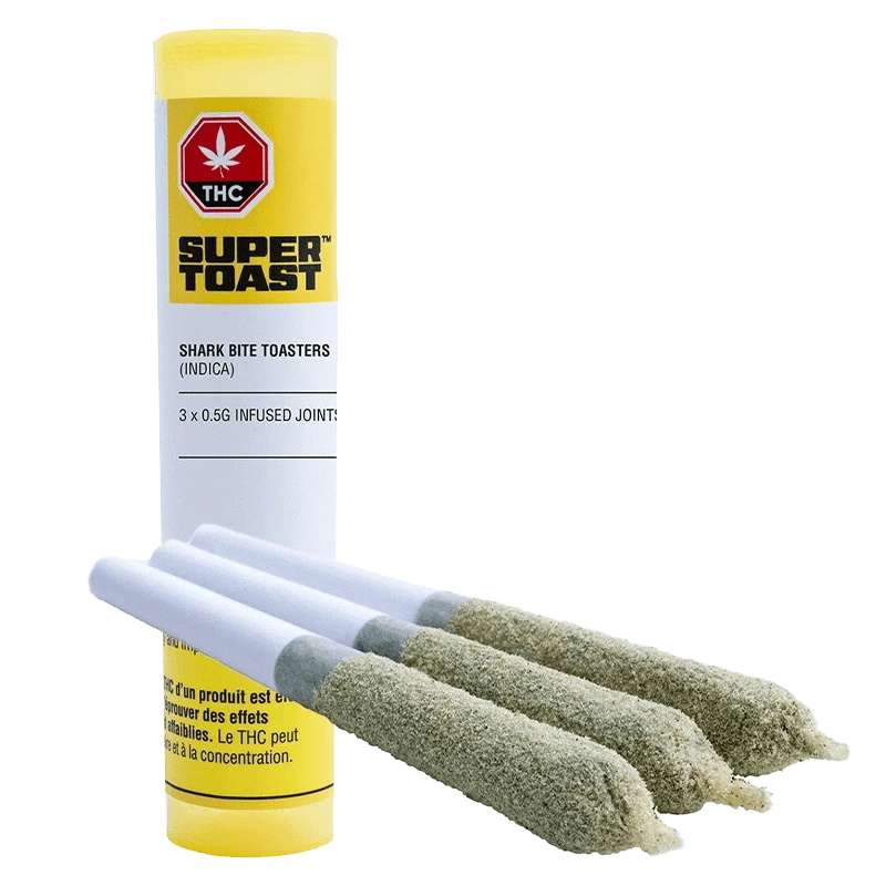 A close-up of the Shark Bite Toasters Infused Pre Rolled 3 x 0.5 g packaging, showcasing the bold brand logo and product details.