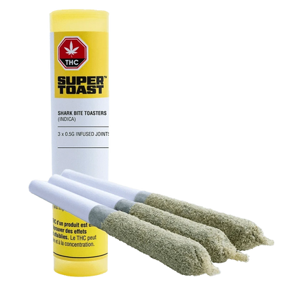 A close-up of the Shark Bite Toasters Infused Pre Rolled 3 x 0.5 g packaging, showcasing the bold brand logo and product details.